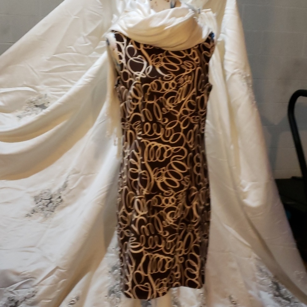 AGB Dress in brown and cream geometric pattern